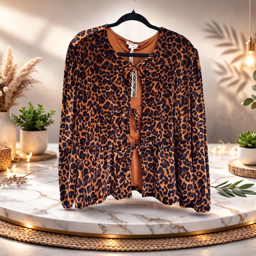 NEW Ultra Pink Leopard Print Tie Front Peplum Top Size XL Long Sleeve Boho Chic